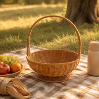 Round Wicker Basket Natural Finish Rattan Storage Organizer Raised Base