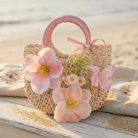 Woven Straw Handbag Floral Decoration Women's Accessory Structured