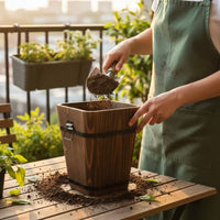 Carbonized Wood Flower Pot Anti Cactus Pot Wooden Planter With Metal Handles for Balcony, Home Decoration