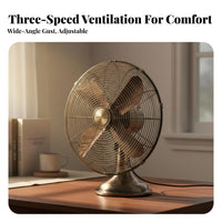 Portable Retro Electric Fan Wide Angle Oscillation Vintage Design Desk Fan Adjustable Tilt Antique Design Air Circulator 3 Speed Settings for Office, Bedroom, Living Room