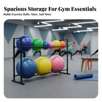 Space-Saving Exercise Ball and Mat Holder Sturdy Metal Frame Stretching Ball Storage Rack Large Capacity Multi-Tier Fitness Shelf for Pilates Studio