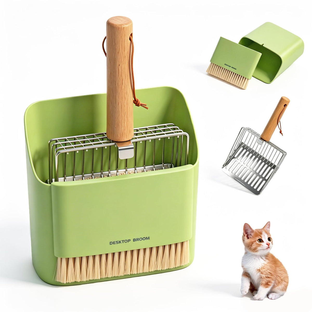Heavy-Duty Stainless Steel Cat Litter Scoop with Holder, Fine and Coarse Mesh, Broom and Dustpan Set
