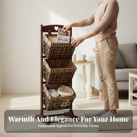 triple-tier Woven Organizer Floor-Standing publication holder Rack hardwood Wood Frame for Readers