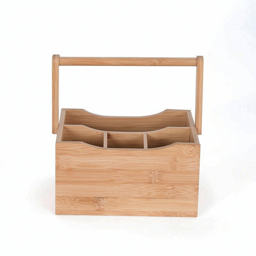 Bamboo Storage Box with Dividers Wooden Utensil Holder with Handle Countertop Cutlery Organizer for Tabletop