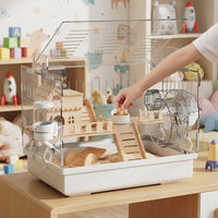 Large Hamster Cage with Wire Mesh Top, Luxury House Shape Design, Clear Acrylic Viewing for Syrian or Dwarf Pets, Easy Clean Deep Bedding Tray