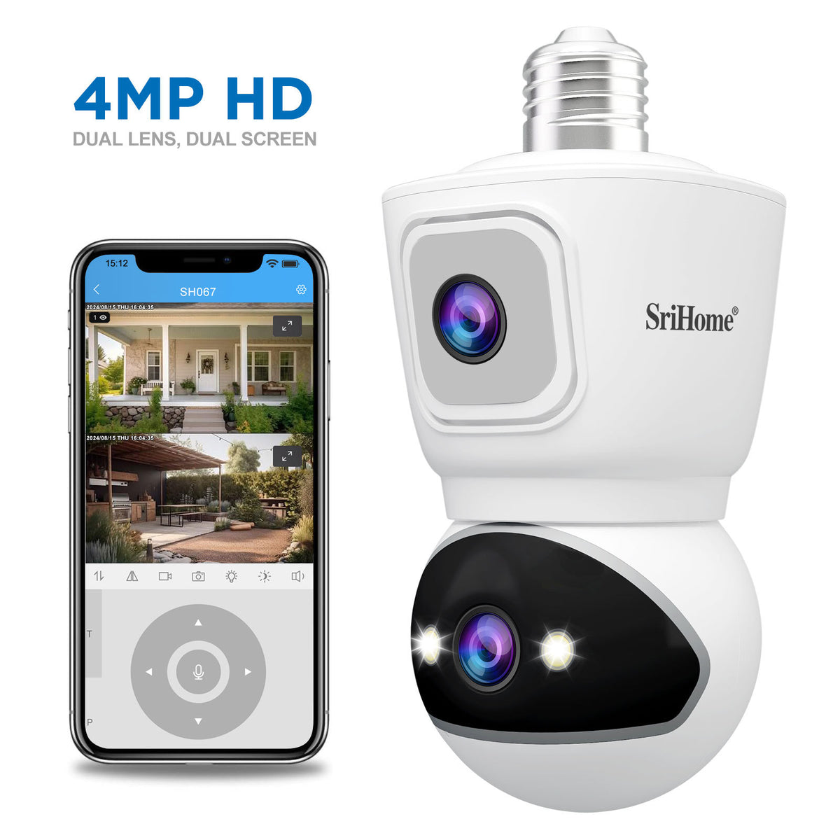 SriHome 4MP Dual-Lens Bulb Security Camera, WiFi, EU Plug
