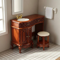 1:12 Scale Vanity and Stool Collectible Model Wooden Dollhouse Washstand Set Realistic Design Carved Dollhouse Vanity for Collectors