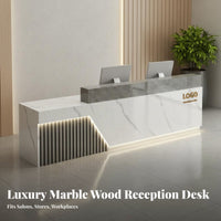 1 Piece Reception Desk Modern Front Desk Commercial Counter Double-layer Countertop Engineered Wood with LED Lighting and Storage Suitable for Salons Barbershops Shops Lobbies
