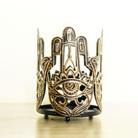 Vintage Iron Hand of Fatima Candle Holder with Cutout Design