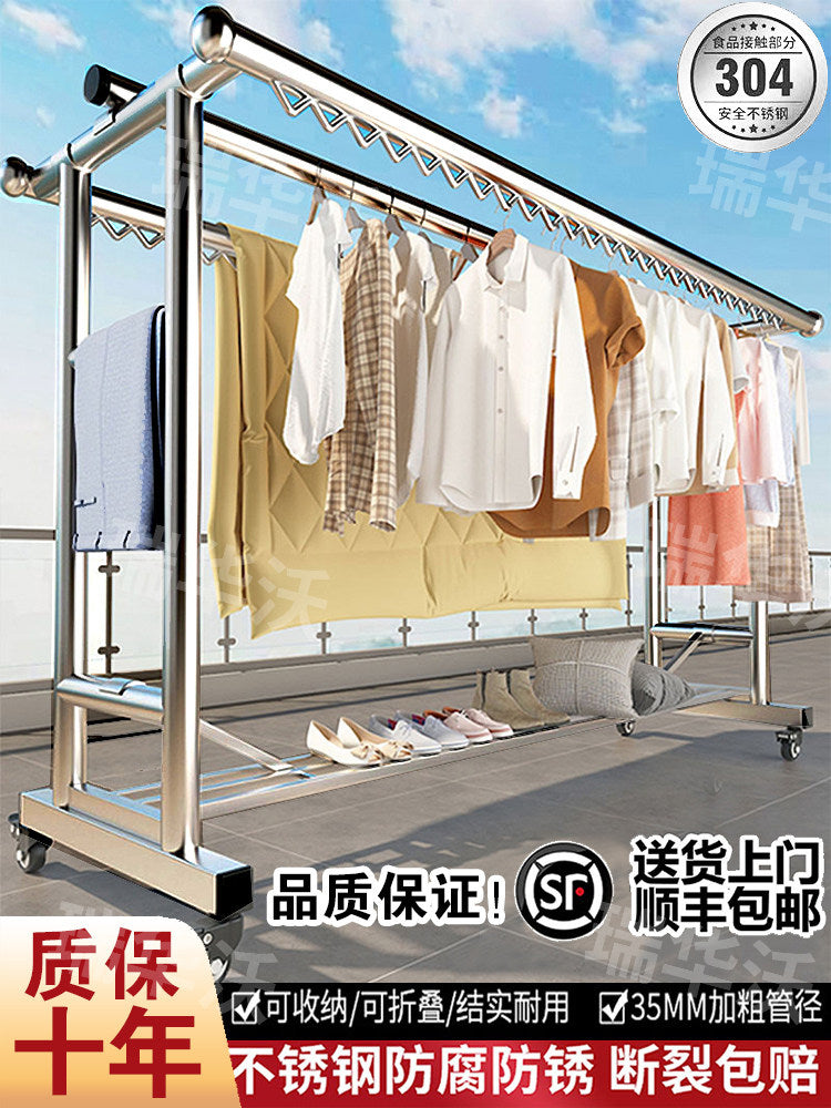304 Stainless Steel Outdoor Floor-Standing Foldable Mobile Clothes Drying Rack with Windproof Design for Balcony