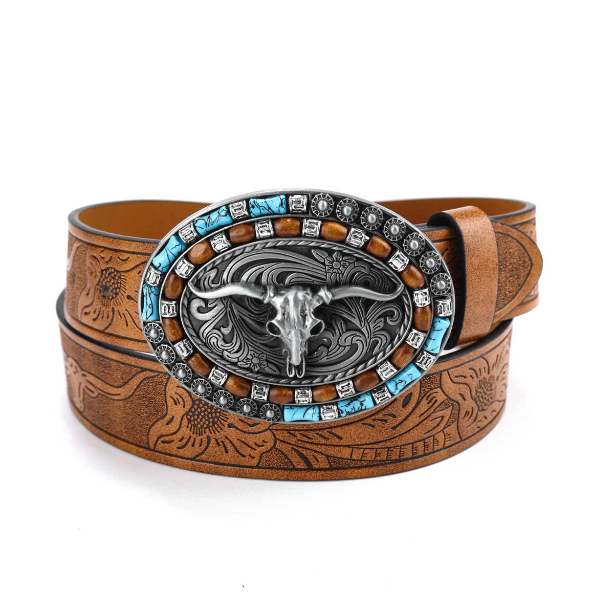 Western Cowboy Belt with Bull Head Buckle Retro Punk Leather Belt for Men