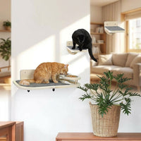 Cat Hammock Wall Mounted Wood Shelf with Feeder, Minimalist Style Bed for Indoor Cats, Single Piece Climbing Sleeping Station for Large Pets