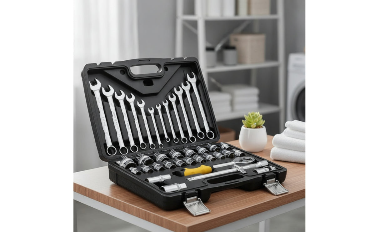 Chrome Finish Socket Set with Case Organized Mechanics Tool Set Portable Tools Compact for DIYers, Homeowners, Beginners, Home Repair, Garage, Car Trunk, Workshop