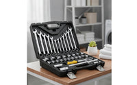 Chrome Finish Socket Set with Case Organized Mechanics Tool Set Portable Tools Compact for DIYers, Homeowners, Beginners, Home Repair, Garage, Car Trunk, Workshop