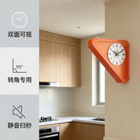 静音三角橙色双面钟艺术亚克力磨砂挂钟转角墙面免打孔客厅装饰