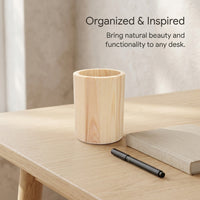 Desk Organizer for Home Office, Wooden Pencil Cup for Children, Round Pine Wood Stationery Holder for
