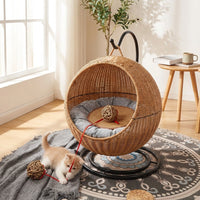 Hanging Cat Bed with Rocking Stand, Imitation Rattan Basket Cat Hammock, Modern Indoor Nest for Pets, Washable Cat Bed Cushion, Single Level