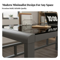 Reinforced Glass Computer Desk Wide Tabletop Metal Frame Office Desk Easy to Clean Modern Glass Top Workstation for Users, Adults, Study Room, Bedroom