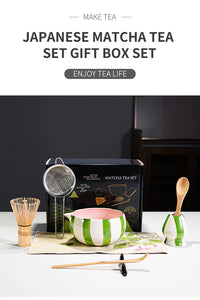 Ceramic Painted Striped Matcha Tea Set with Whisk Accessory