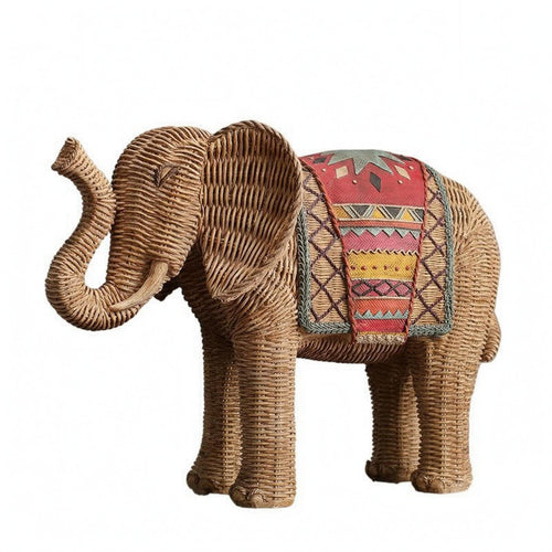 Elephant Figurine Tabletop Display Rattan Elephant Figurine Raised Trunk