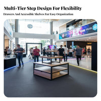 Long-Lasting Construction Tiered Island Display Stable Steel Frame Multi-Level Merchandise Table Wear-Resistant Surface Retail Gondola Shelving Unit Versatile for Shopkeepers, Small Business Owners, Supermarkets, Shopping Malls, Trade Exhibit S