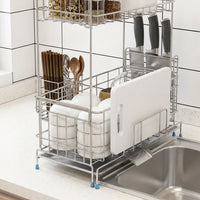 Extendable Dish Rack with Knife Block, 304 Stainless Steel Double Layer Design, Light Luxury Style Over the Sink or Countertop Kitchen Storage