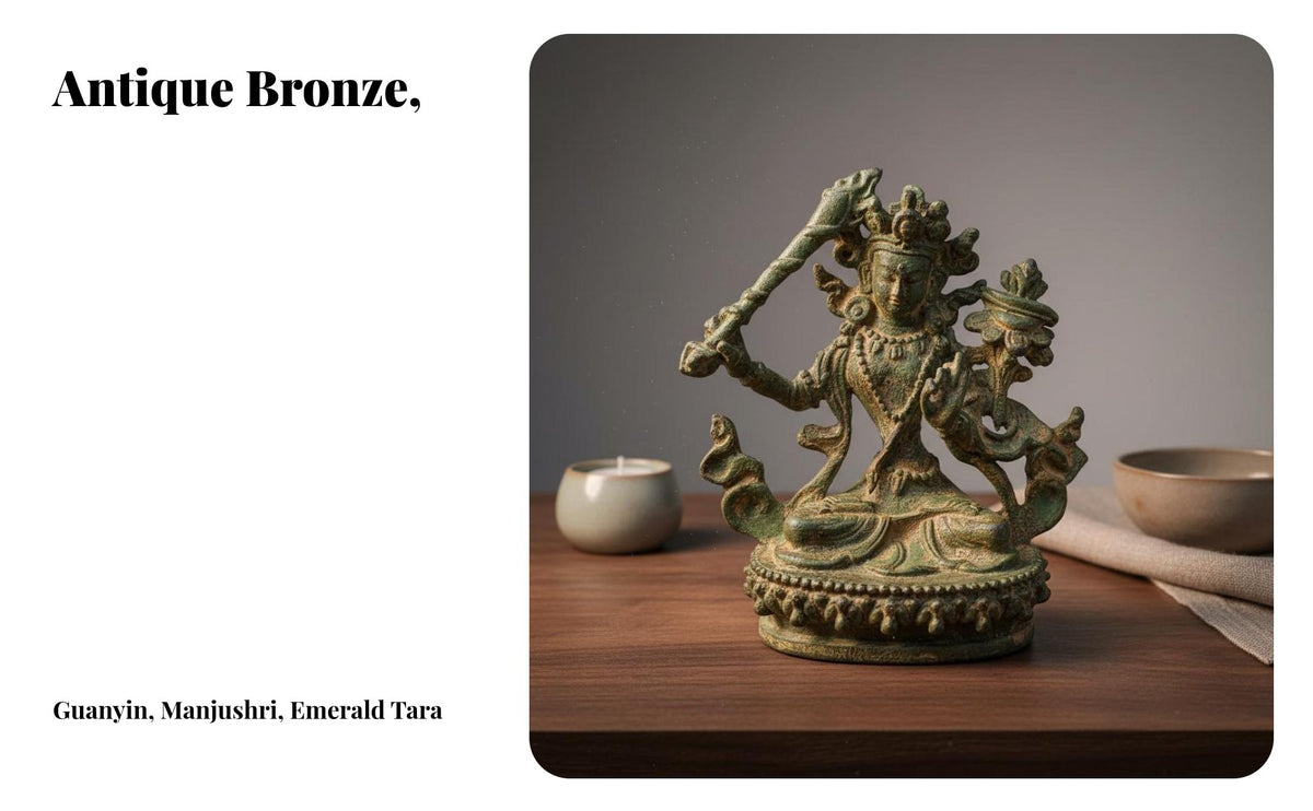 2 Pieces Manjushri and Guanyin Figurines Intricate Intricacies Green Patina Bodhisattva Statues Tibetan Bronze Statue Set