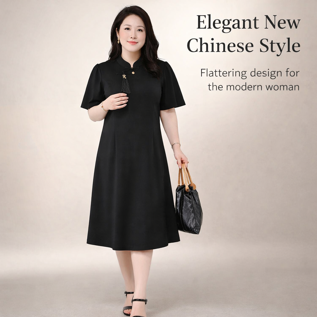 Plus Size Midi Dress with Frog Buttons and Three Quarter Sleeves for Office Wear, Stretch Blend in Flared Silhouette, Fit up to 8XL