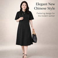 Plus Size Midi Dress with Frog Buttons and Three Quarter Sleeves for Office Wear, Stretch Blend in Flared Silhouette, Fit up to 8XL