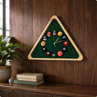 Billiard Rack Wall Clock Green Felt-Like Triangular Pool Clock Gold-Tone Hands for Home Decor