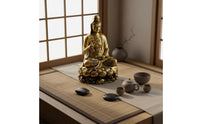 Peace Blessing Guanyin Statue Gold Finish Golden Guanyin Figurine Ornate Details Lotus Base Buddha Statue Traditional Chinese Design for Buddhist Believers, Office Desk