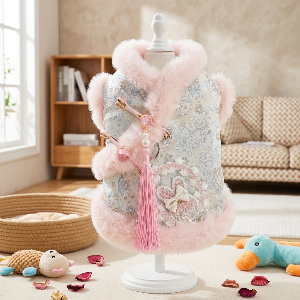 Pet Princess Dress with Hood, Ruffled Layered Small Dog Skirt, Warm Thick Pet Clothing, Dog Dress and Cat Party Outfit with fuzzy ball Bow