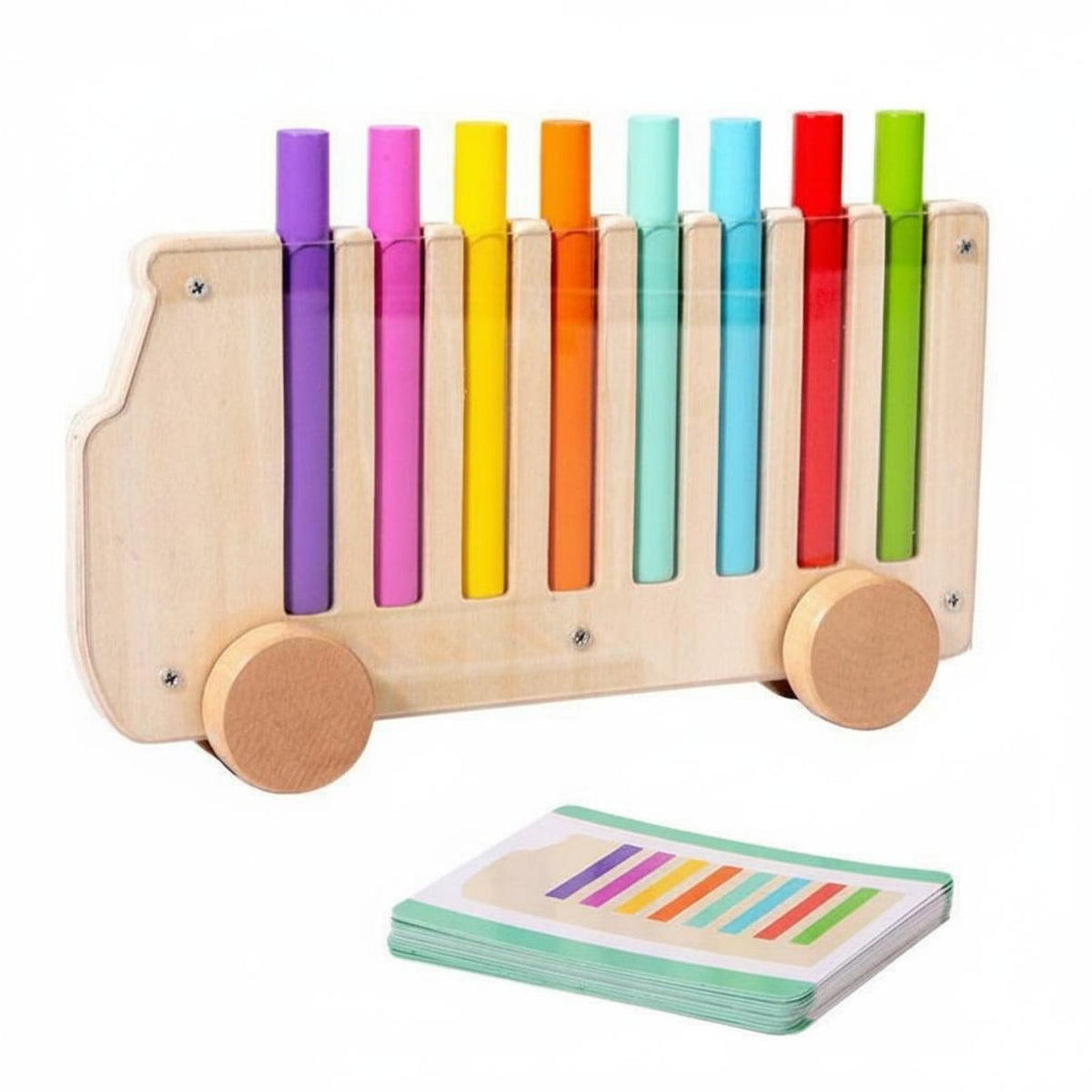 Early Learning Color Stick Matching Toy Hand-Eye Coordination Wooden Color Sorting Bus Natural Wood Fine Movement Skills Bus Toy Screen-Unrestricted Play for Toddlers, Preschoolers, Kids, Preschool, Daycare, Classroom
