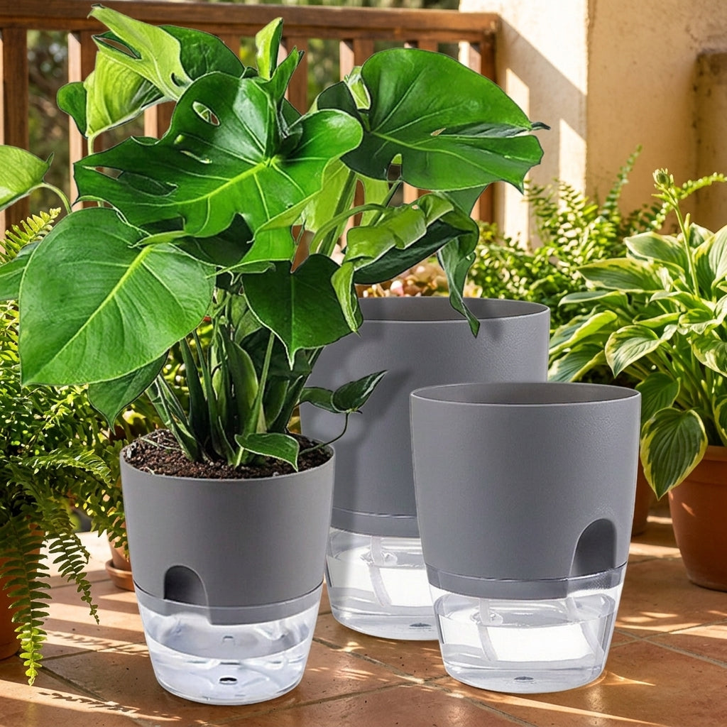 Plant Pots for House Plants and Indoor Plants, Set of 3 Self Watering Planters Outdoor or Balcony Garden, Water Saving Floor Standing Design