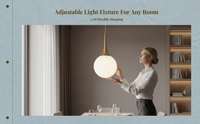 Milk Glass Globe Pendant Light, Gold Brass, Adjustable