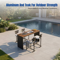 2 Pieces Weatherproof Aluminum Outdoor Bar Stool and High Table Set with Timeless Aluminum and Teak Structure Comfortable Seating Functional Style Suitable for Home Patios Outdoor Bars Gardens