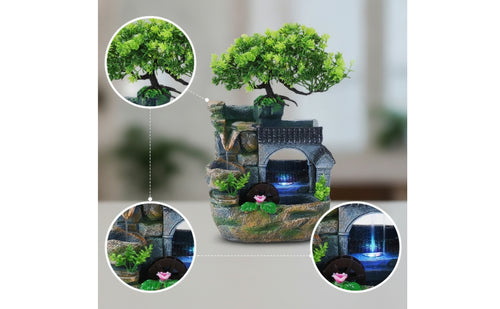 Rockery-Style Desktop Fountain with Waterwheel Illuminated Fountain with Artificial Plant Stone-Textured Decorative for Office Desk, Living Room