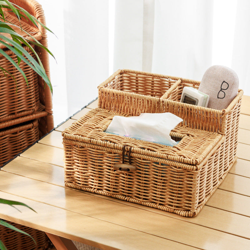 Rattan-Woven Tissue Box Cover, New Chinese Style Storage Box for Desk, Tabletop, Remote Control Organizer