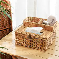 Rattan-Woven Tissue Box Cover, New Chinese Style Storage Box for Desk, Tabletop, Remote Control Organizer