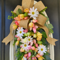 60cm Spring Door Swag, Artificial Mixed Floral Teardrop Swag for Front Door, Farmhouse Summer Wreaths for Home Decor UK