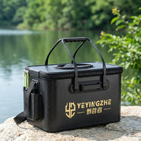Collapsible Fishing Bucket, 21-32L EVA Foldable Bucket with Aerator, Portable Live Bait Bucket for Carp Fishing, Dark Wood Look
