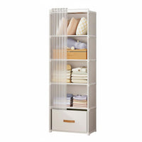 Space Saving Shelving Unit with Curtain Easy Assembly Portable Clothes Closet Large Capacity Freestanding Wardrobe with Drawers Sturdy Construction for Students, Renters, Dorm Room, Bedroom, Small Apartment