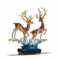 Deer Statue Wave Based Base Amber Toned Deer Sculpture Decorative Desk Figurine for Office, Console Table
