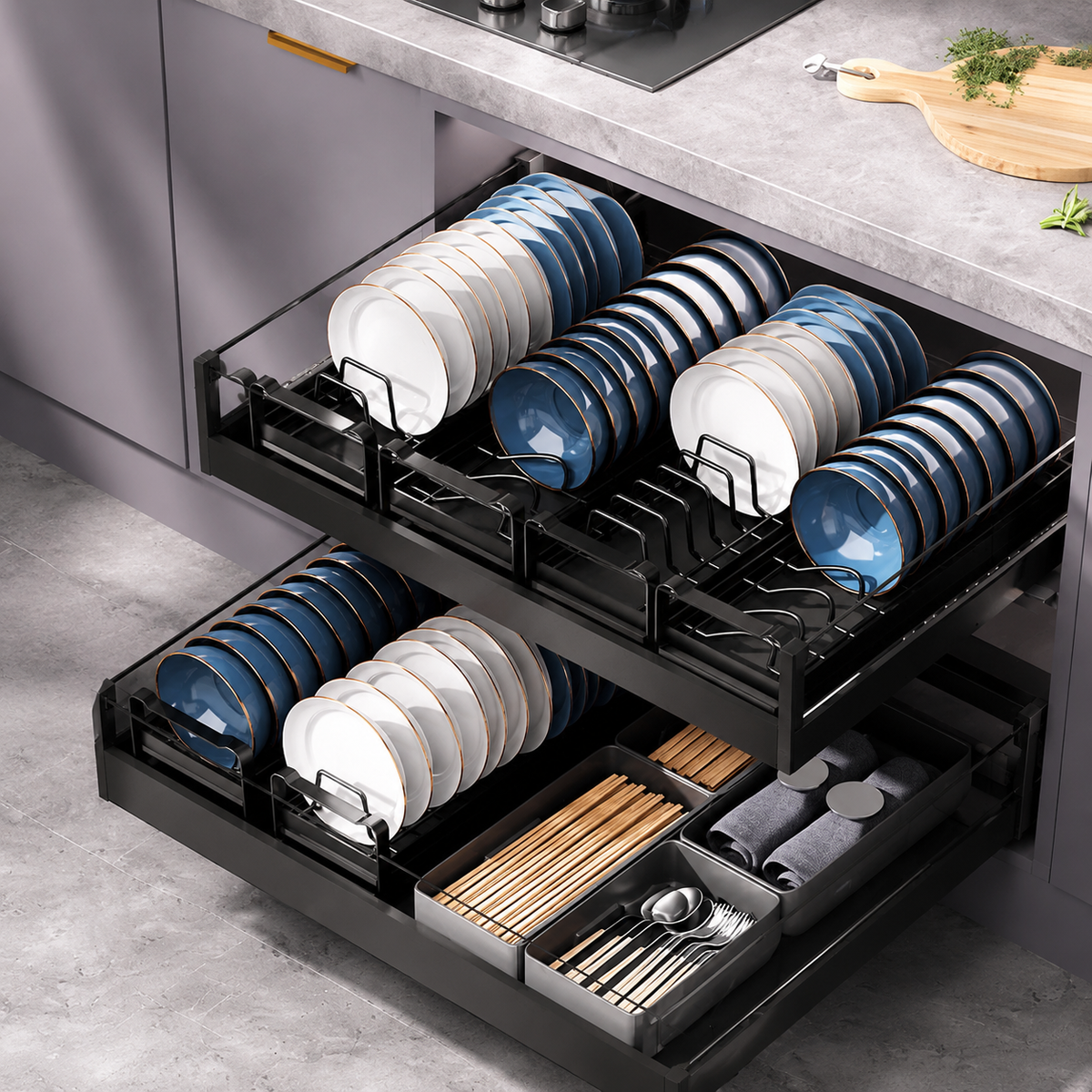 Black Pull Out Dish Rack, Extendable Dish Drainer Telescopic, Anti Rust Drying Rack for Cabinet, Large Capacity Drawer Dish Rack with Drainage
