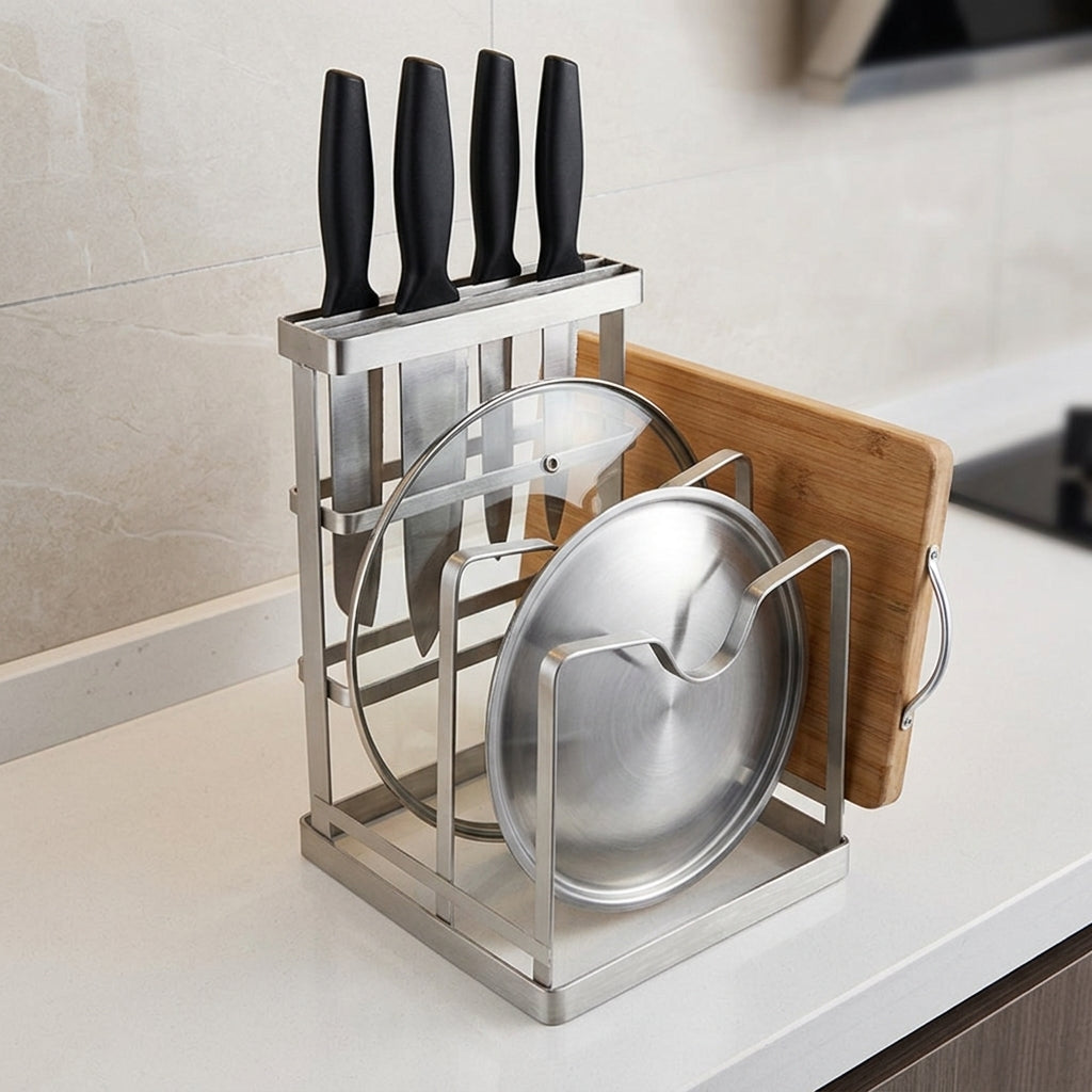 Universal Knife Block Kitchen Organiser, 2 Layer Stainless Steel Countertop Organiser, Pot Lid & Cutting Board Holder, Modern Rectangular Design