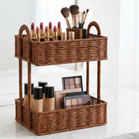 Rattan Basket Shelf Waterproof 2 Tier Washroom Storage Basket Easy to Clean Storage Rack for Kitchen