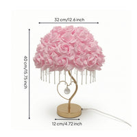 Romantic Heart Table Lamp with Rose Shade Floral Rose Lamp with Crystal Beads Decorative Warm Glow for Women, Girls, Bedroom, Nightstand, Living Room, Wedding