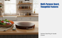 Durable Ironwood Cutting Board, Clamwood Round Chopping Board, Double-Sided, Butcher Block, Stainless Steel Ring