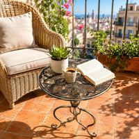 Carved Round Side Table Antique Finish Small Round Decorative Table for Balcony, Living Room