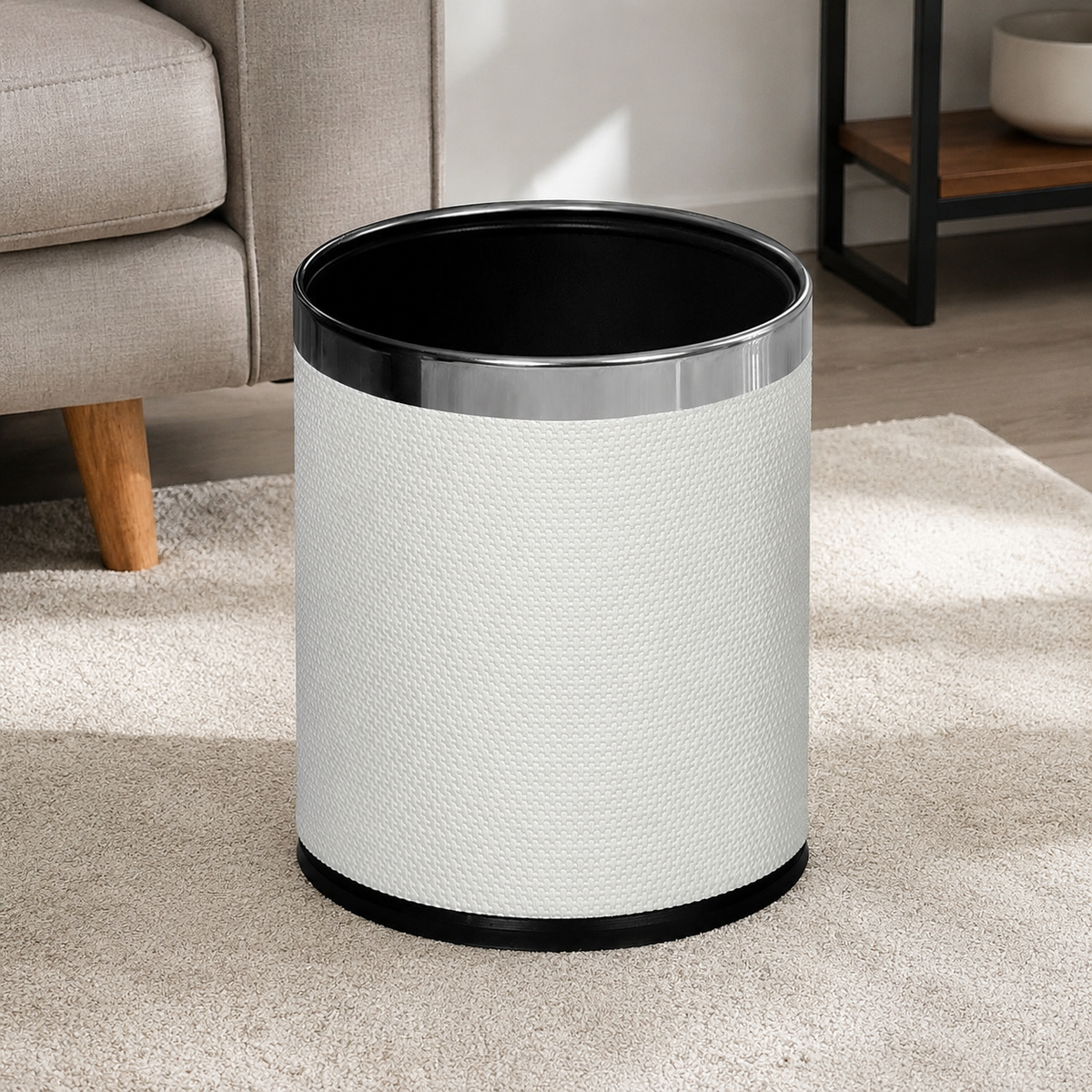 Round Leather-Metal Trash Can, White, 1.6kg, Stylish Interior for Living Room, Office
